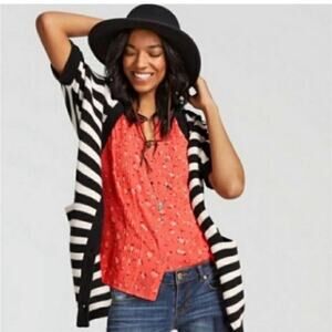 Cabi Whistle black white striped chunky knit long cardigan sweater Small #5289